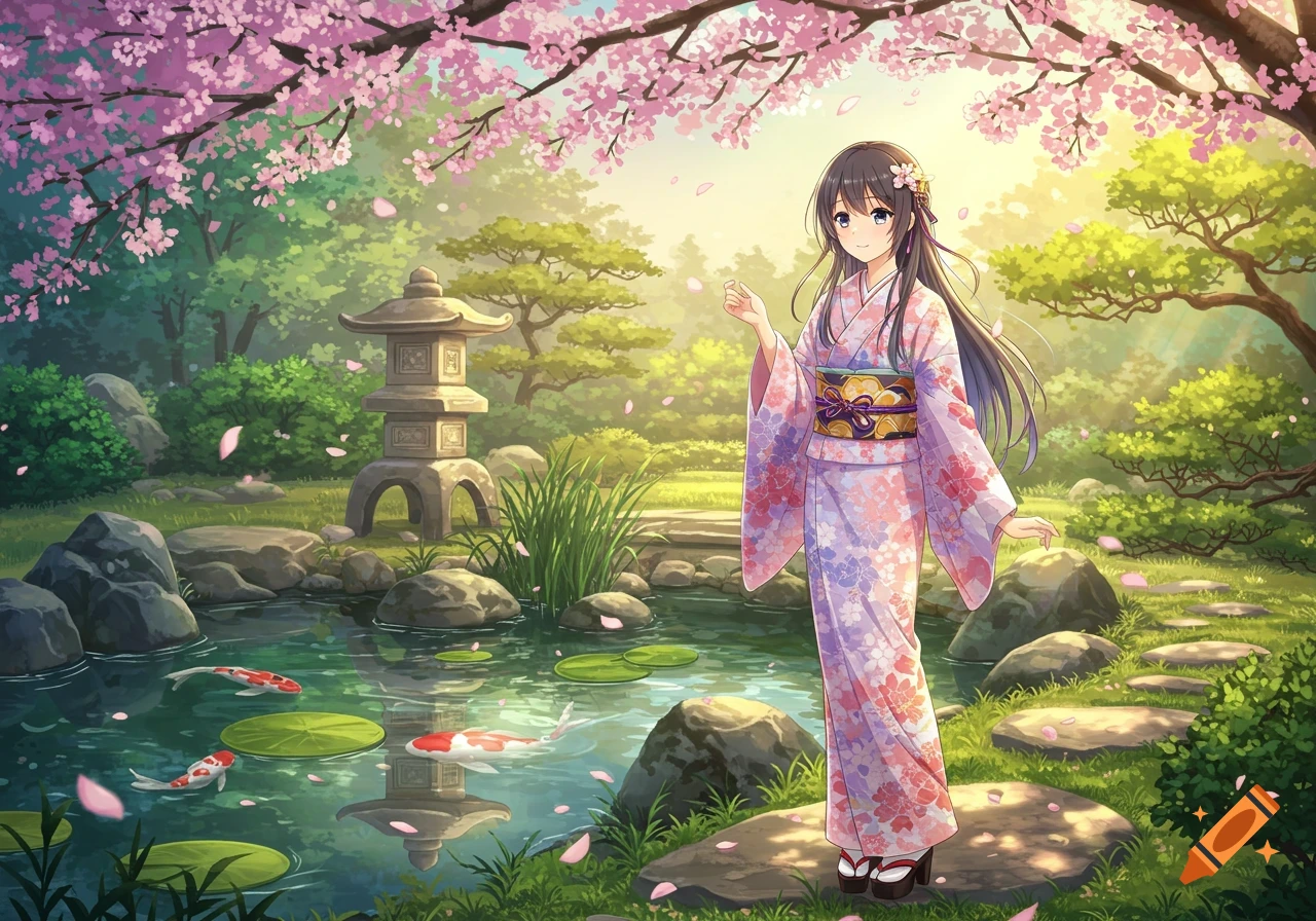 An anime girl in a pink kimono smiles in a Japanese garden with cherry blossoms and a koi pond.
