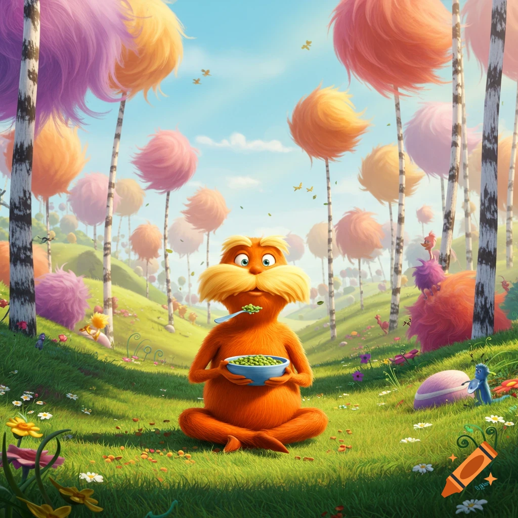 The Lorax sits cross-legged on a grassy hill, eating peas from a blue bowl, surrounded by colorful Truffula trees.