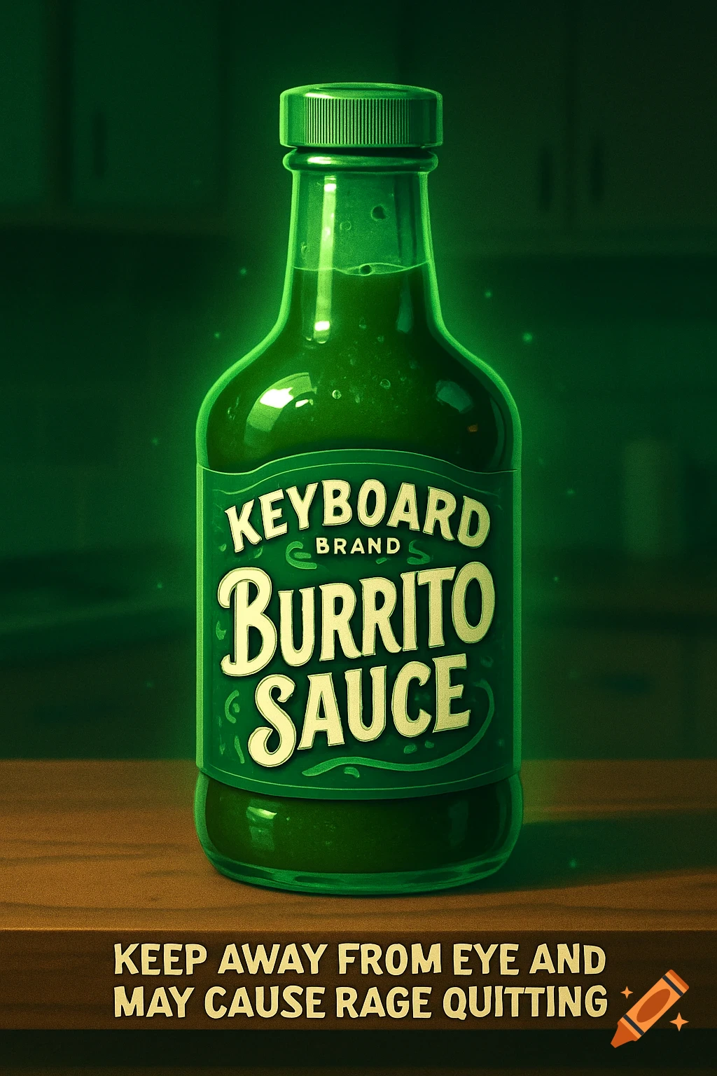 A faintly glowing green bottle of Keyboard Brand Burrito Sauce with a humorous warning label.