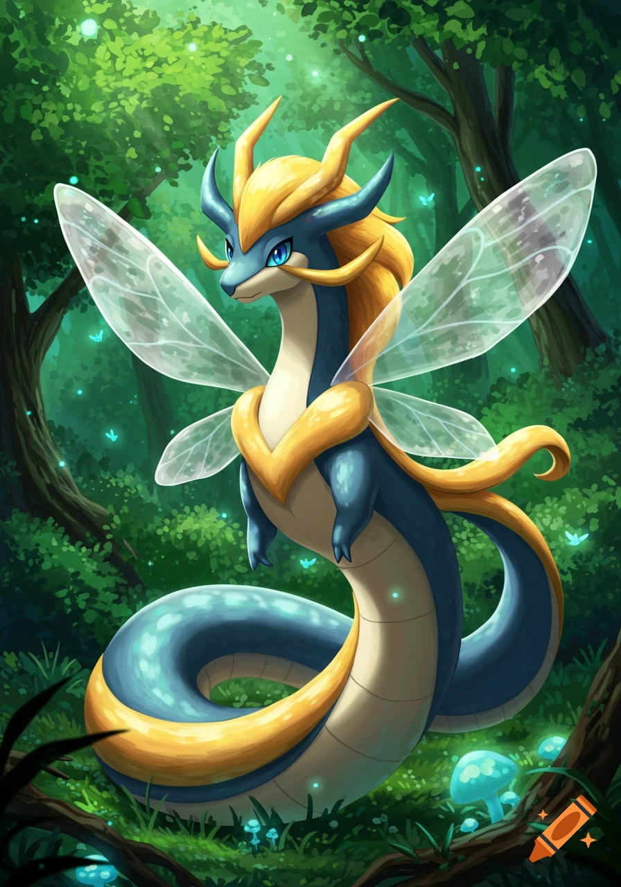 A blue and yellow dragon-like Pokemon with insect wings and golden hair stands in a magical forest with glowing mushrooms.