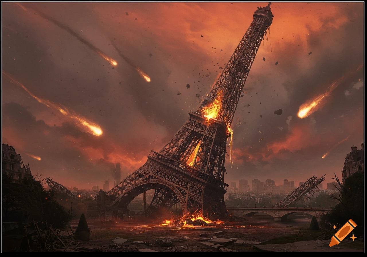 The Eiffel Tower collapses and burns under a barrage of fiery meteors, with a destroyed cityscape in the background.