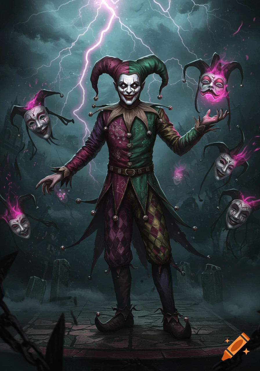 A sinister jester in a colorful harlequin outfit stands under pink lightning, surrounded by glowing, floating jester masks in a dark fantasy illustration.