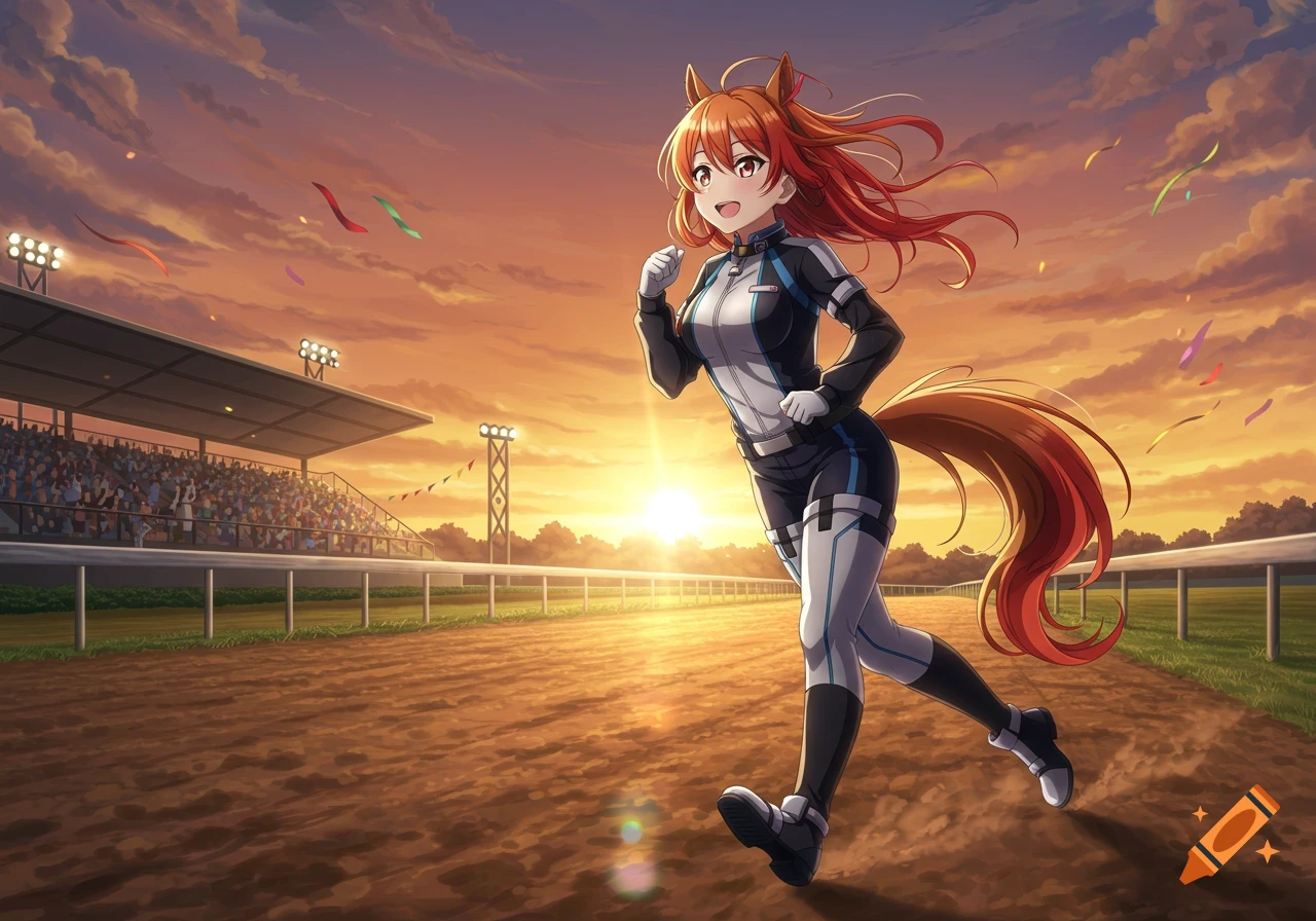 Anime horse girl with red hair runs on a dirt racetrack at sunset, stadium in background.