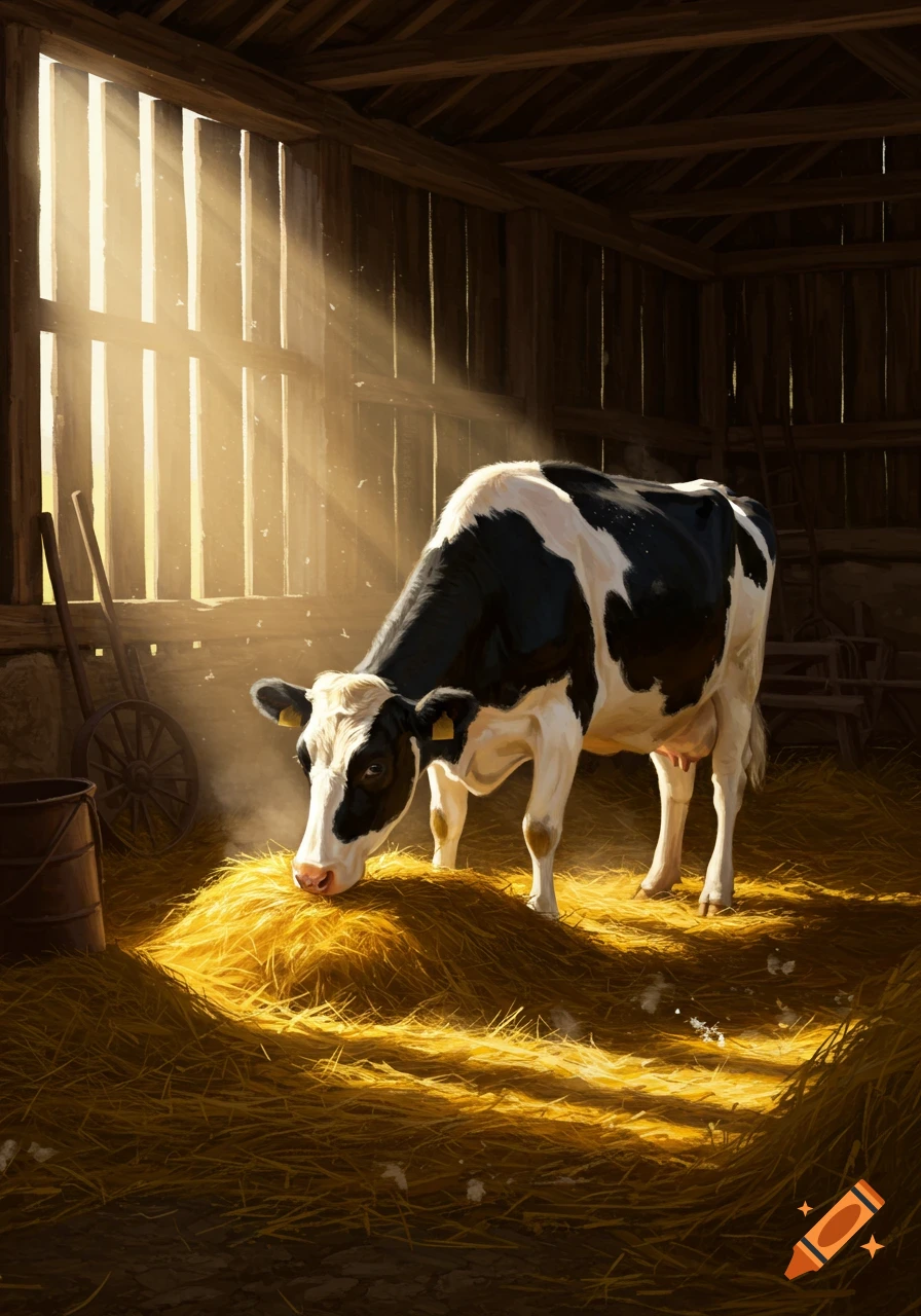 A black and white cow eats hay in a sunlit wooden barn with light rays streaming through the boards.
