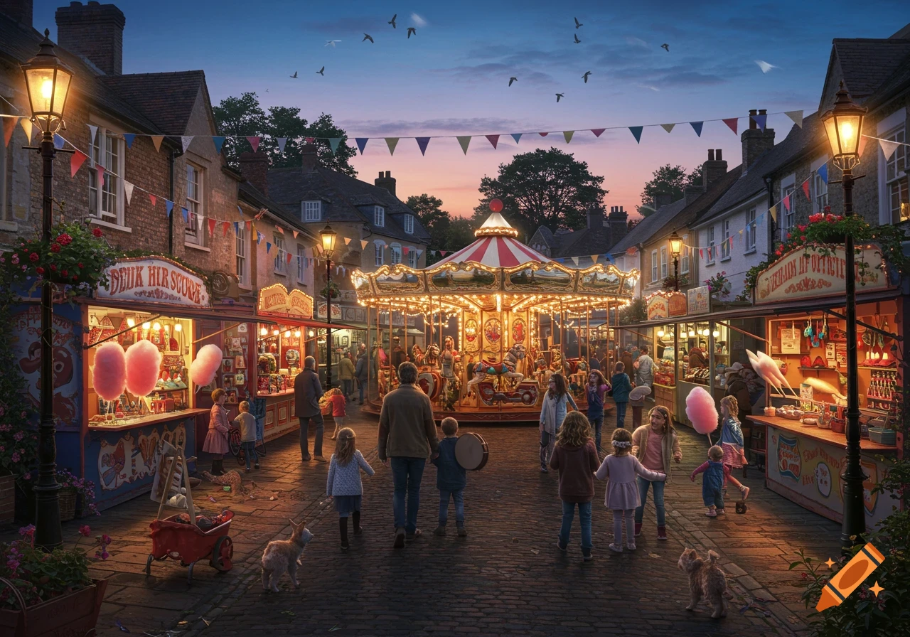 A lively town funfair at dusk with a brightly lit carousel, food stalls, people, children, and dogs on a cobblestone street.