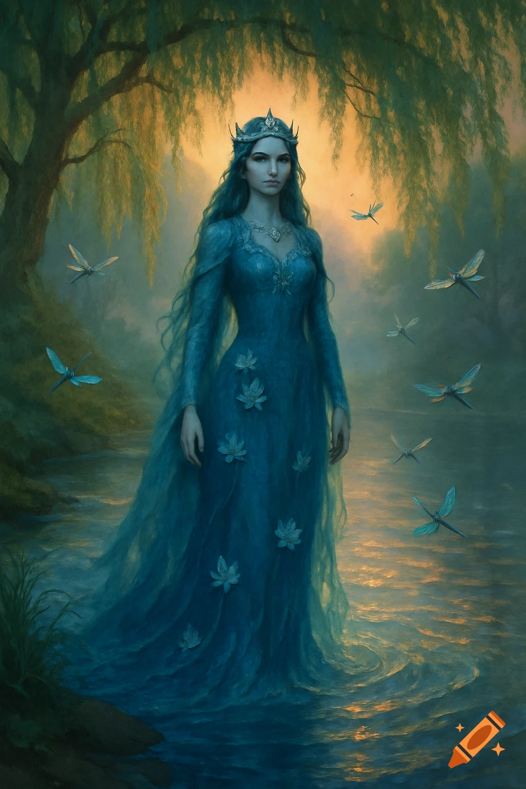 A regal woman in a blue gown and crown stands in a river, surrounded by dragonflies, under a weeping willow tree. Painting style.