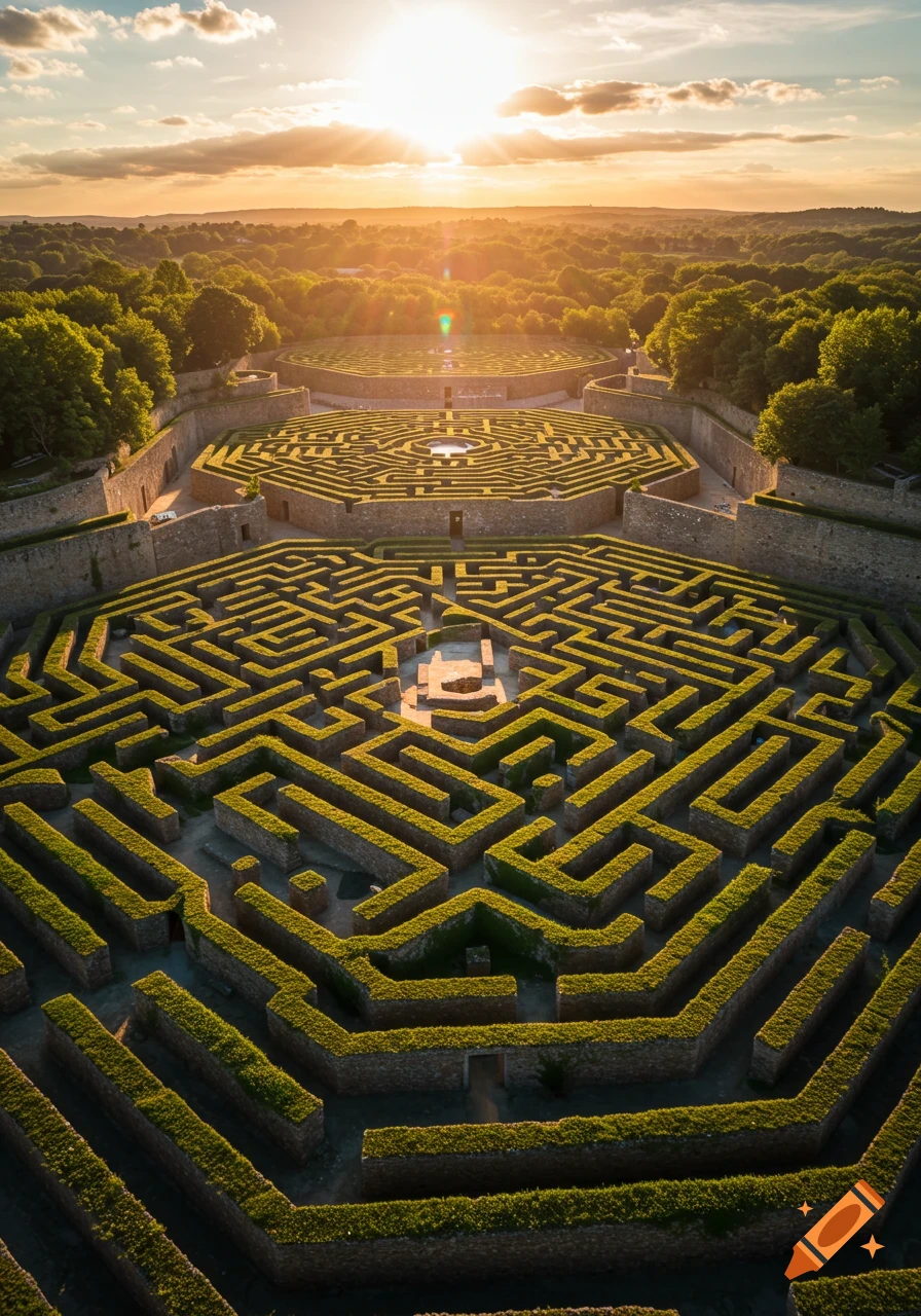 An aerial, photorealistic view of a vast, intricate garden maze with stone walls and green hedges, bathed in the warm glow of a sunset.