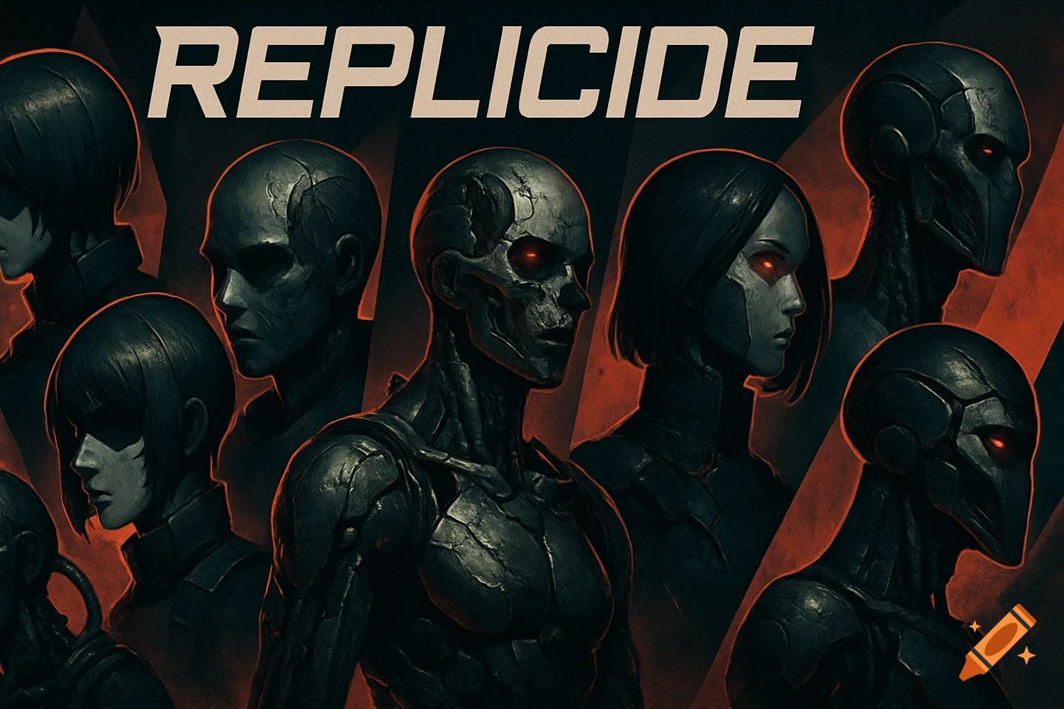 A dark, red-tinted sci-fi collage of biomechanical humanoid figures with glowing red eyes and the title 'REPLICIDE'.