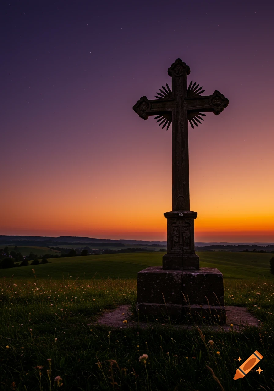 A stone cross stands silhouetted against a vibrant purple and orange sunset over rolling green hills.