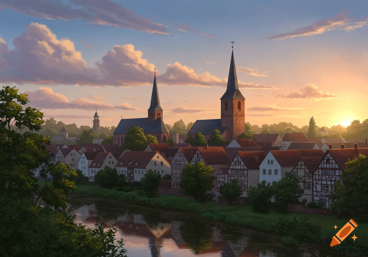 A picturesque, painterly view of a European town with churches and half-timbered houses lining a river at sunset.
