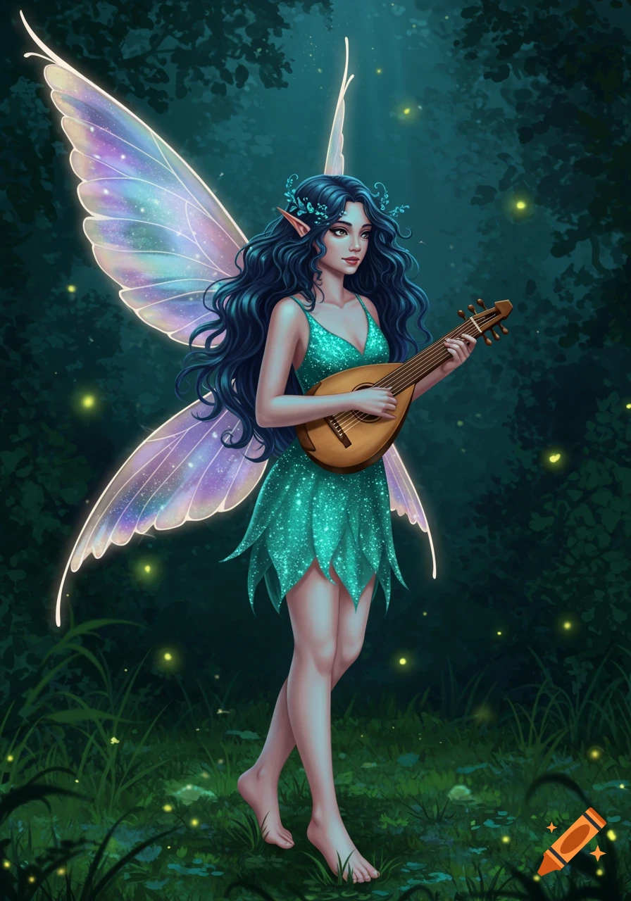 A fairy with dark blue curly hair, shimmery wings, and pointy ears wears a sparkly turquoise dress and stands barefoot in a forest, playing a lute.