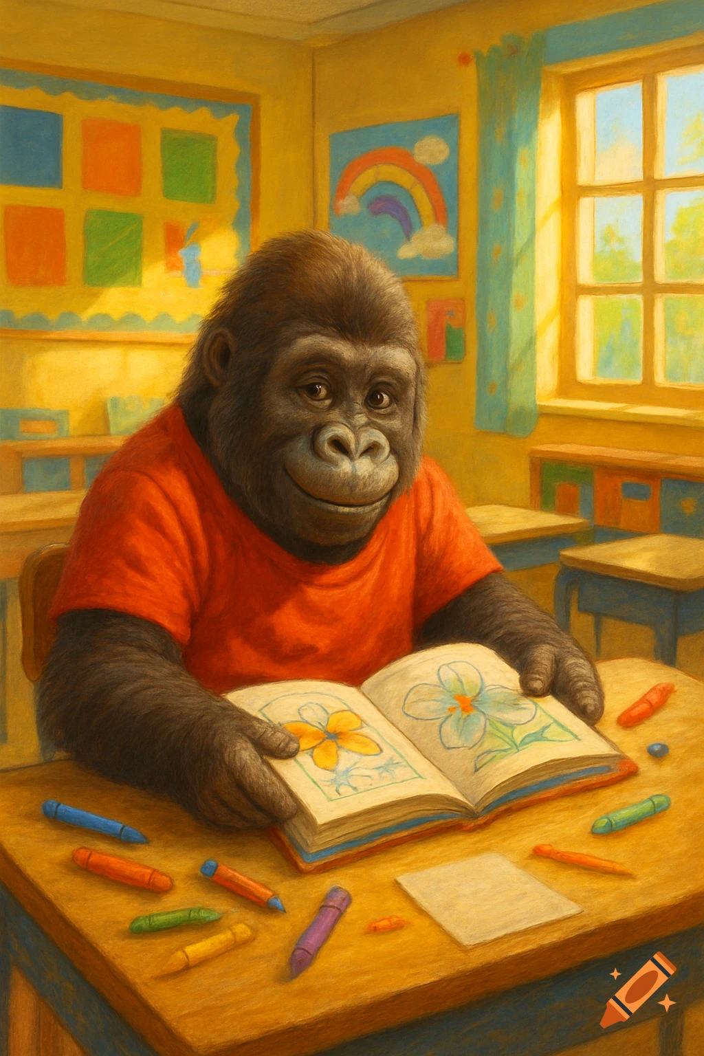 A cute gorilla in a red shirt sits at a desk in a sunny classroom, coloring in a book with crayons.