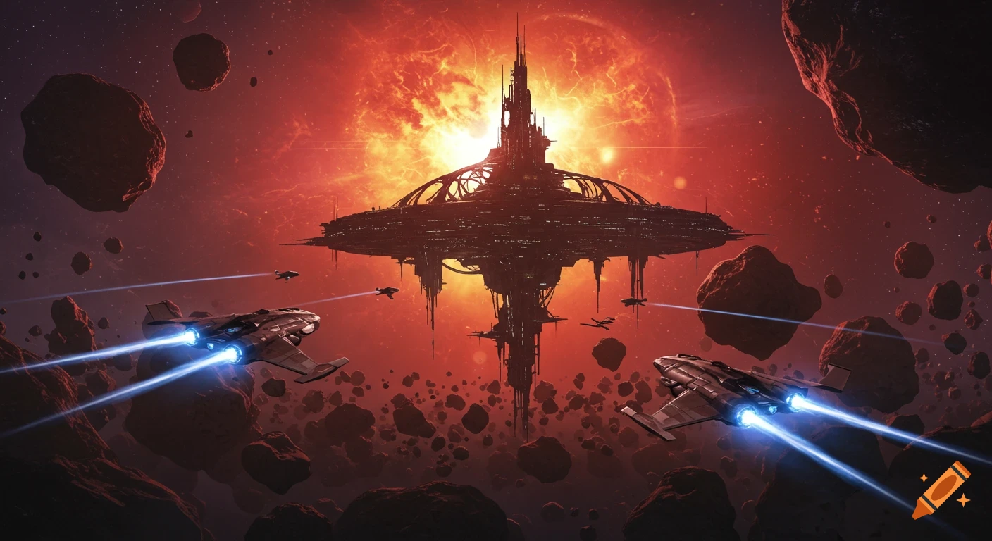 Futuristic deep space station and two assault spacecrafts in an asteroid field, backlit by a supernova. Digital art.