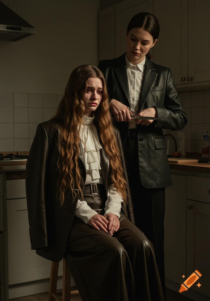 A crying woman in a leather blazer sits on a stool as another woman with a stern look holds scissors to her collar in a dimly lit kitchen. Photorealistic.