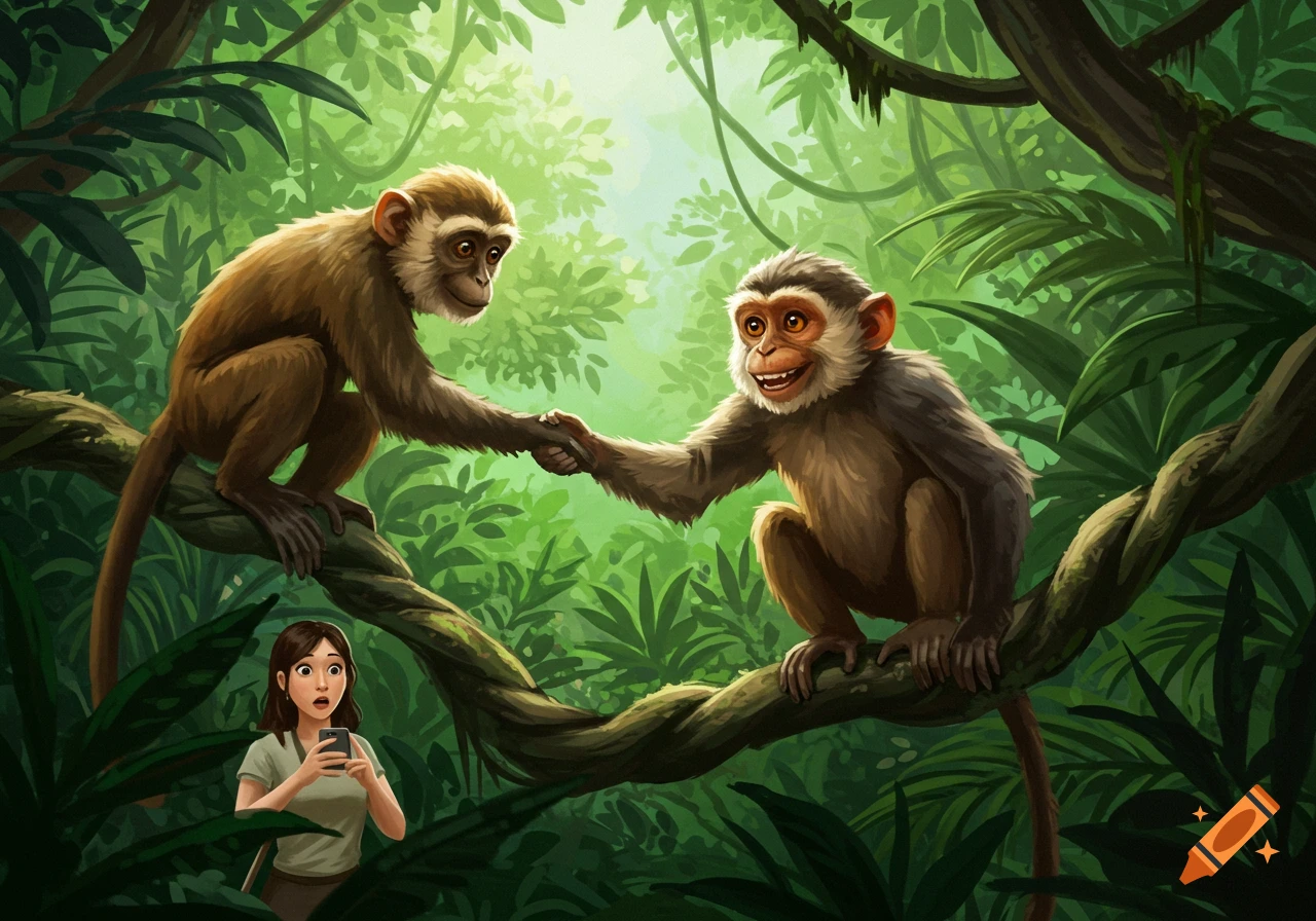 Two cartoon monkeys shake hands on a jungle vine as a surprised woman below holds a smartphone, illustration.
