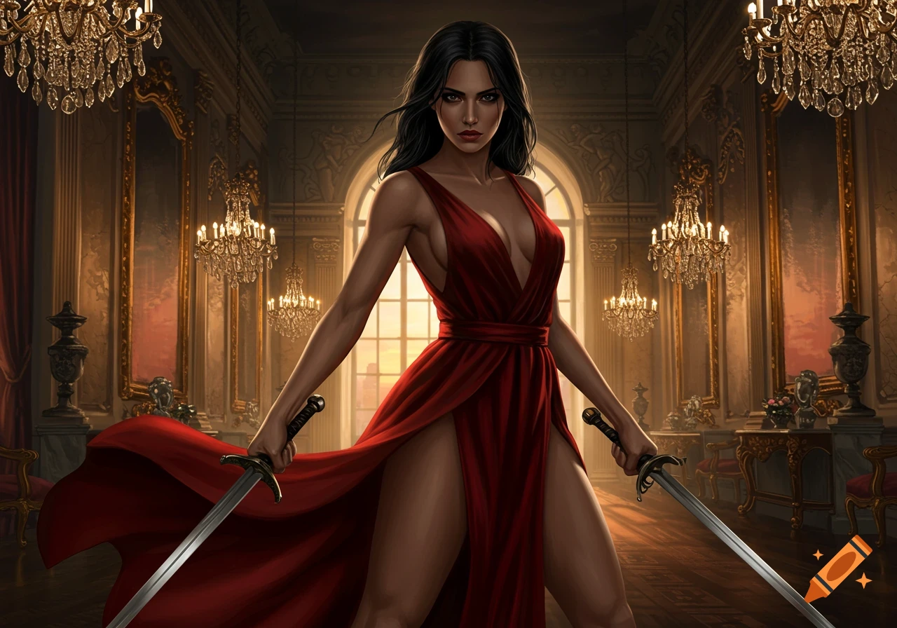 A determined woman in a flowing, revealing red dress holds two swords in an opulent, chandelier-filled room, digital art.