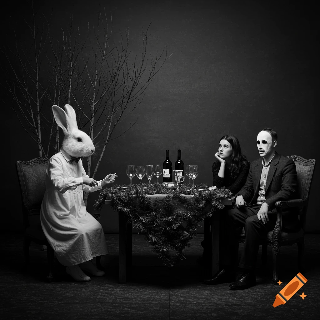 A surreal black and white photograph of a person in a rabbit head mask holding a cigarette, sitting at a table with two people, one masked, covered in fir branches and wine bottles.