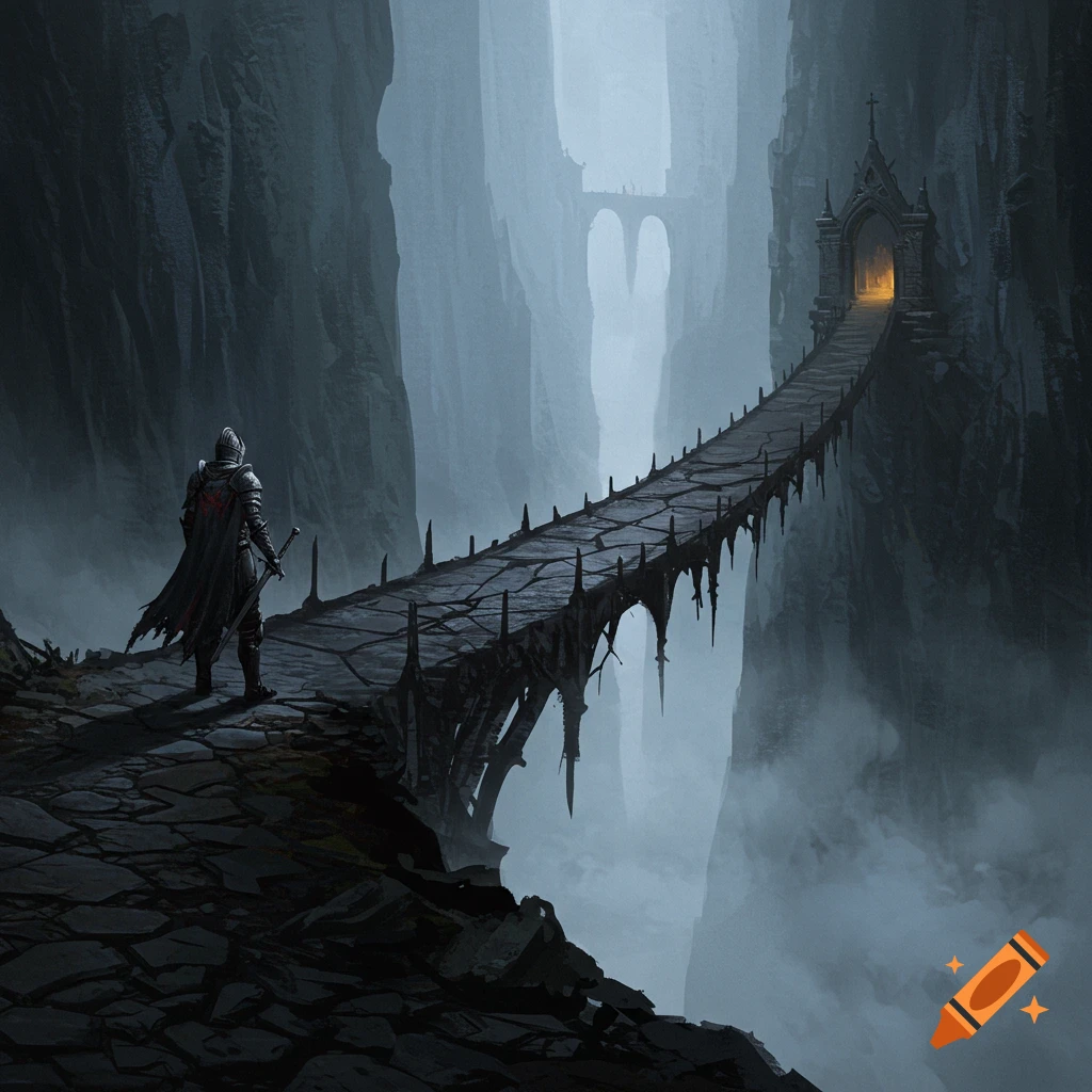 A dark knight stands solemnly at the start of a long, ancient bridge stretching across a foggy canyon under a cold moonlight, in a painterly dark fantasy style.