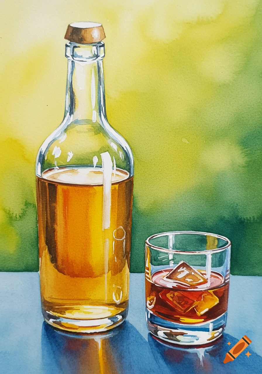 Watercolor painting of a bottle of yellowish liquid next to a glass of reddish-brown liquid with ice, on a blue table with a yellow-green background.