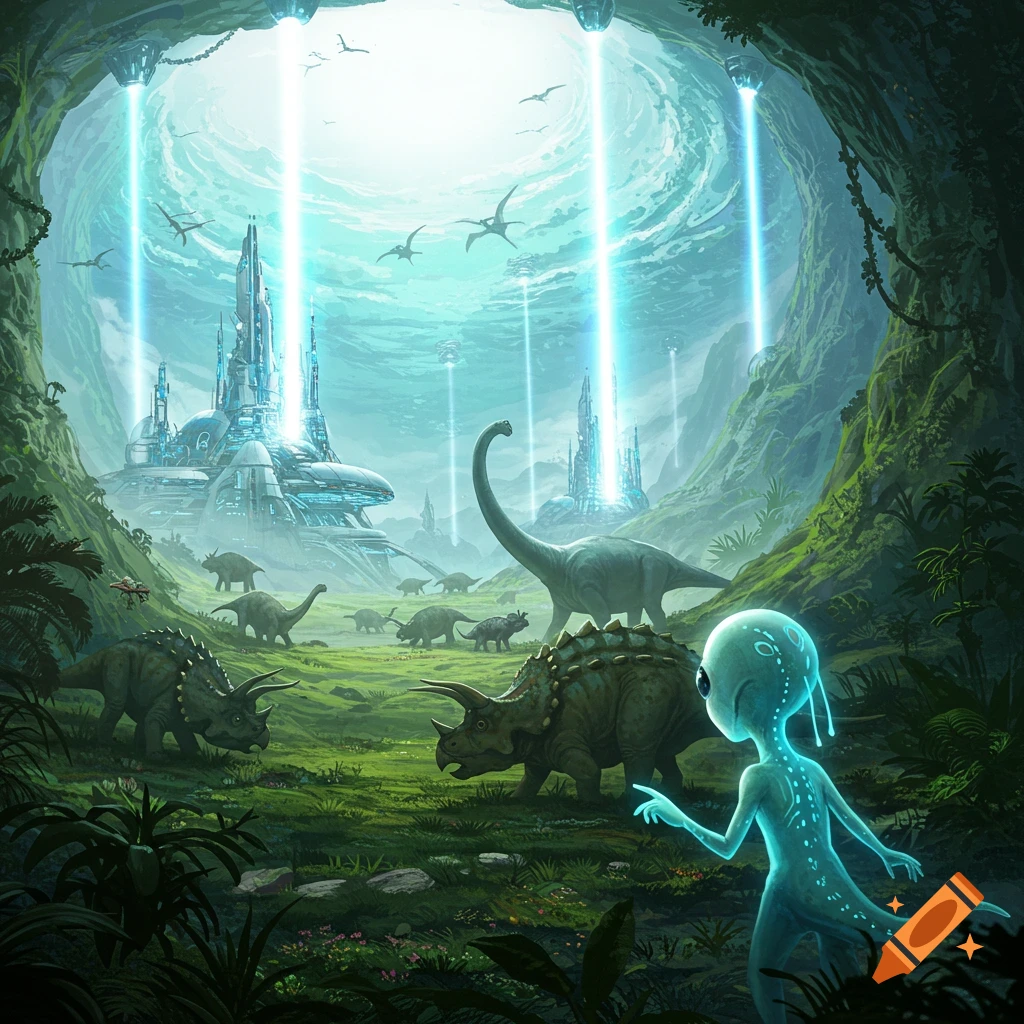 An alien observes dinosaurs in a lush, cavernous hollow earth scene with futuristic structures and light beams.