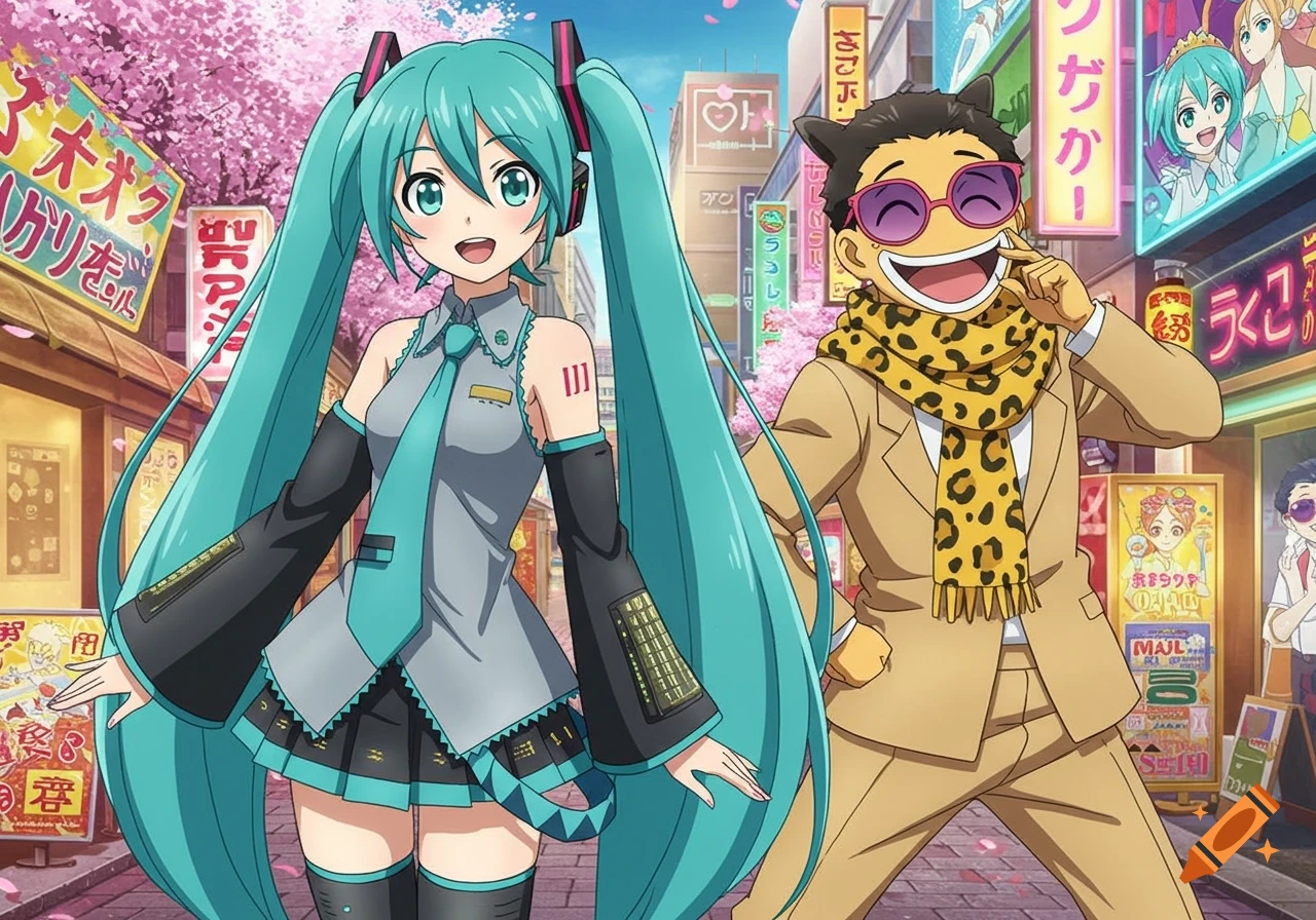 Hatsune Miku and Pikotaro pose happily on an anime-style cherry blossom-lined street in a Japanese city.