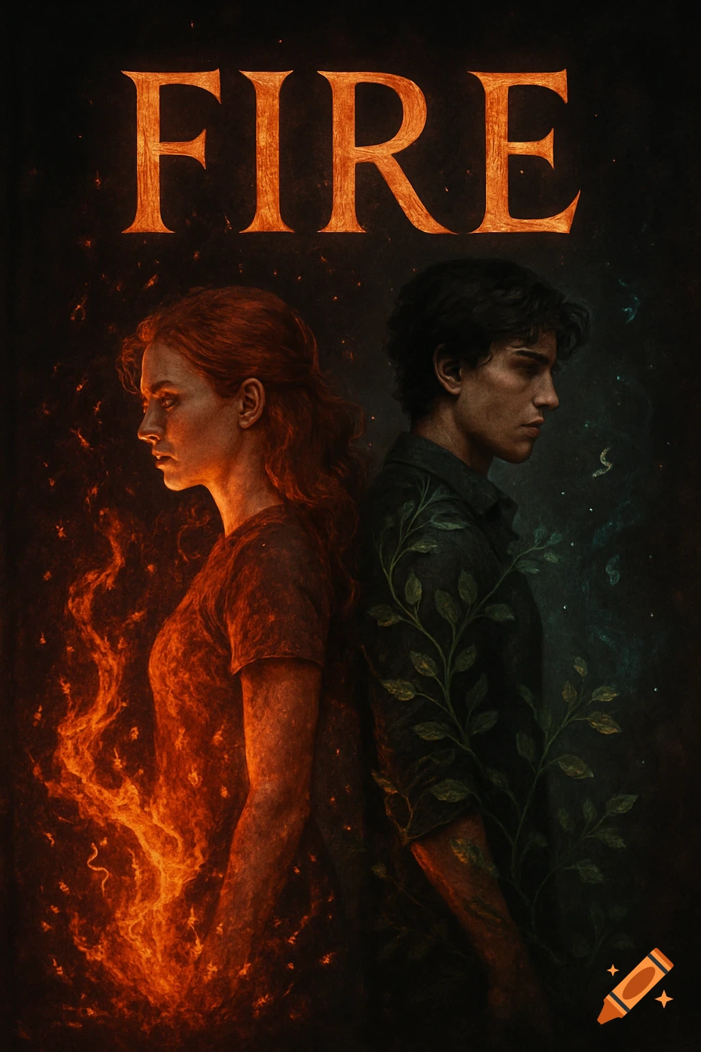 A fantasy portrait of a woman engulfed in fire and a man covered in vines, standing back to back, with 'FIRE' at the top.
