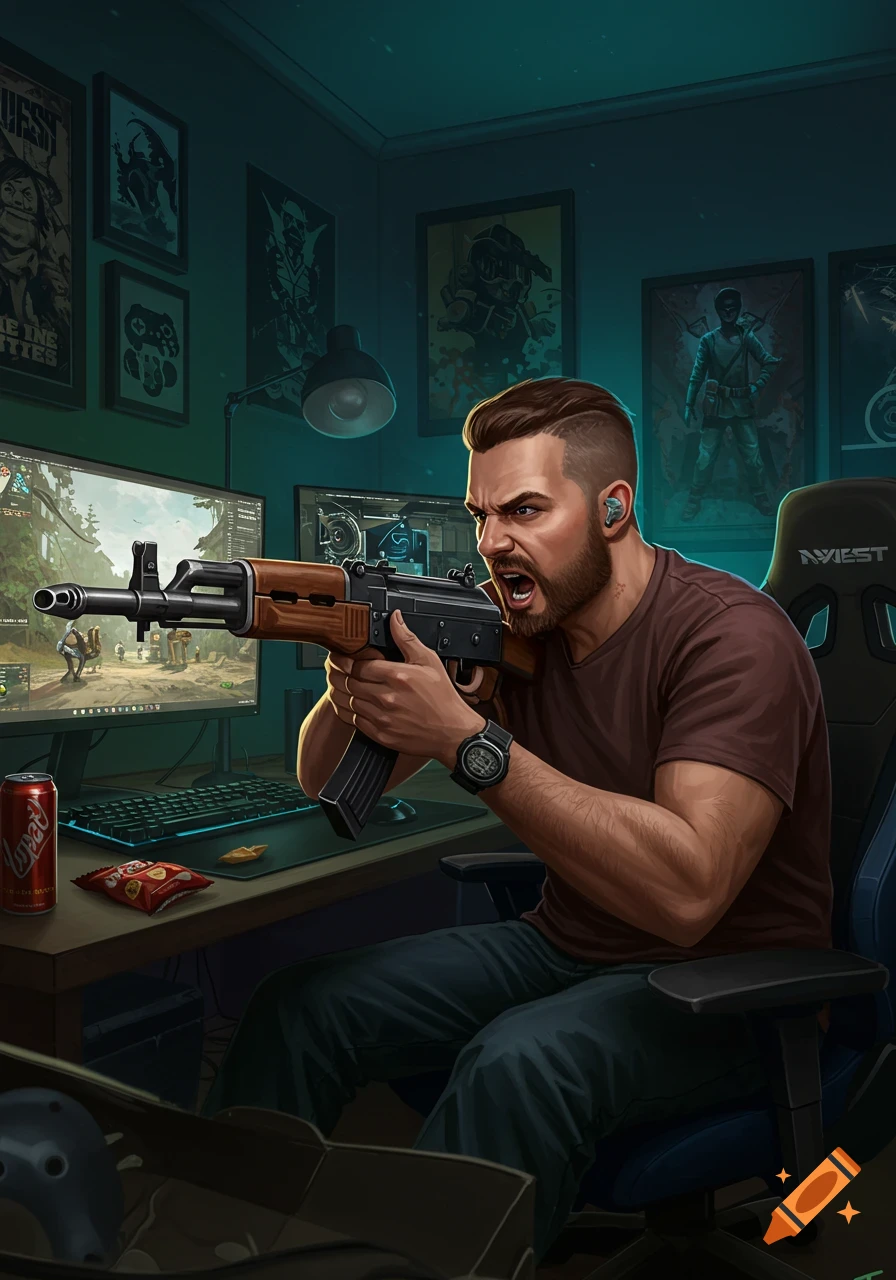 An angry bearded man with a buzz cut plays a video game, aiming an AK-47 rifle in a dimly lit room with posters.