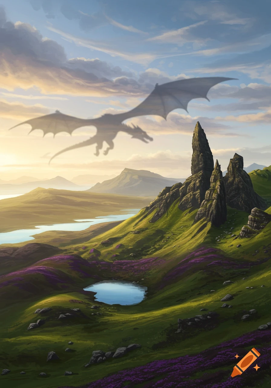 A stylized landscape of green Scottish Highlands with purple flowers, lakes, and towering rock formations, beneath a sky with a large dragon's shadow flying across.