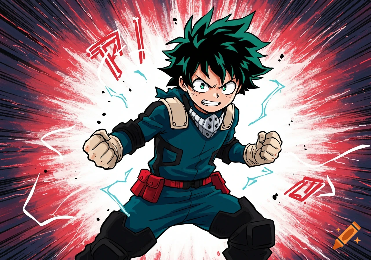 An angry green-haired anime boy in a teal suit with red pouches, fists clenched, against a red and black speed line background with stylized text.