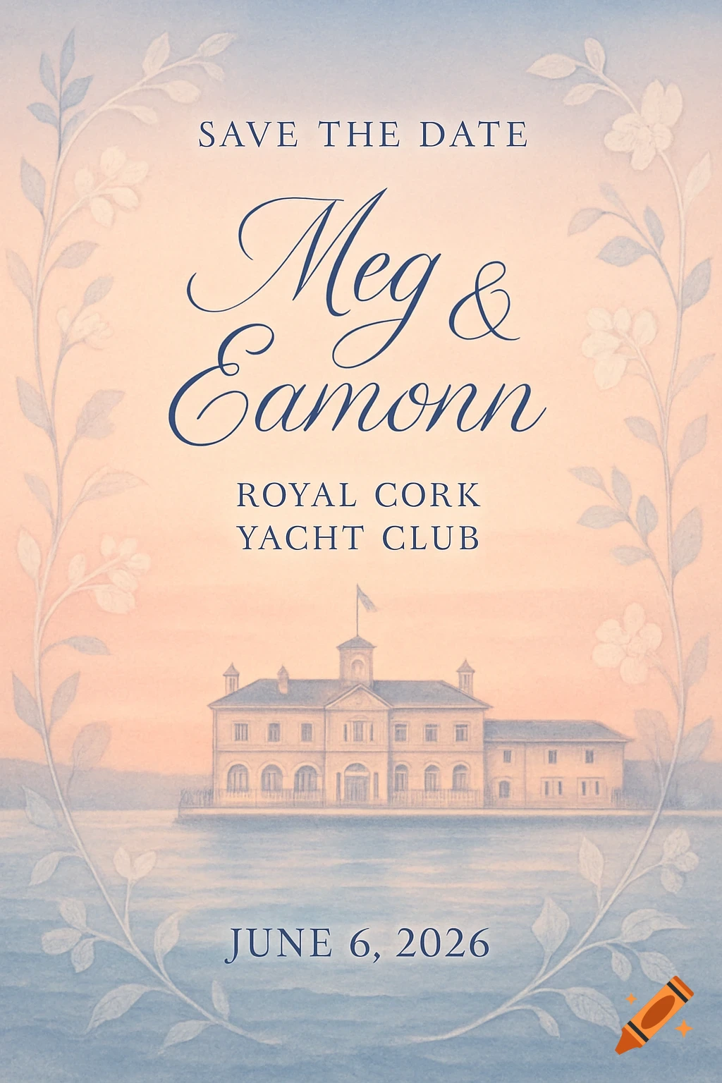 A watercolor save the date invitation for Meg & Eamonn, featuring a yacht club building on the water, framed by floral vines.