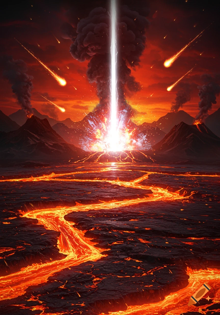 A dramatic volcanic landscape with rivers of lava, erupting volcanoes, a bright explosion of light, and fiery comets in a red sky.