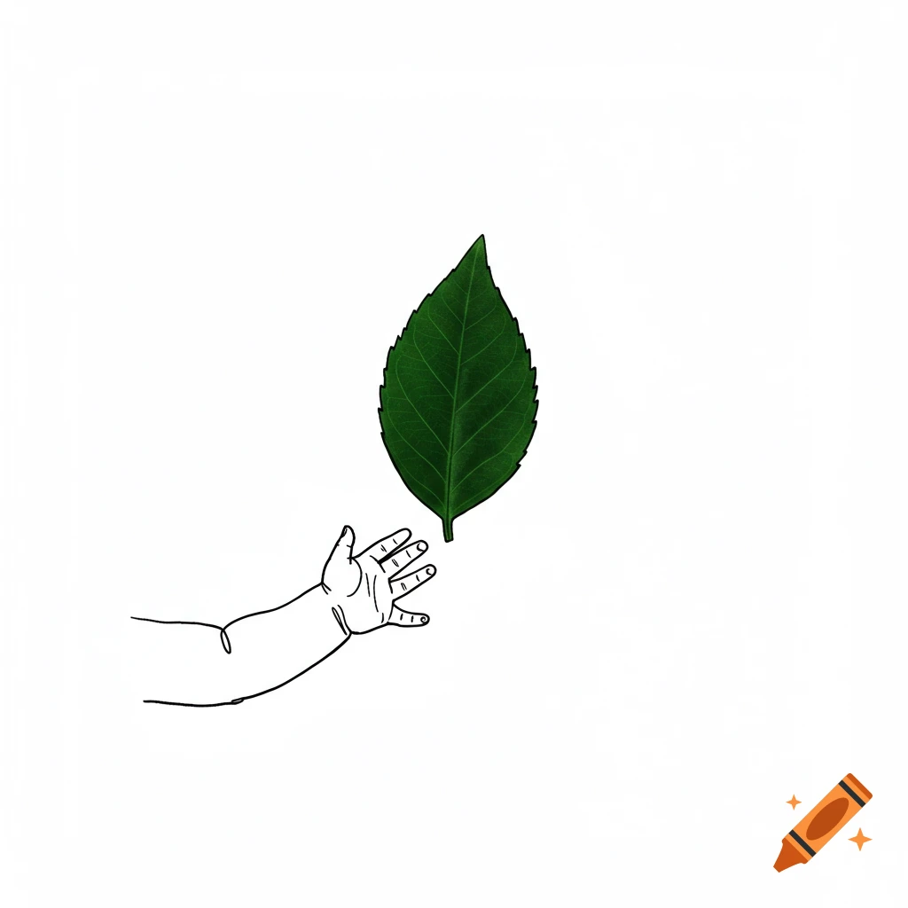A minimalist black line art sketch of a baby's arm reaching towards a dark green leaf on a white background.