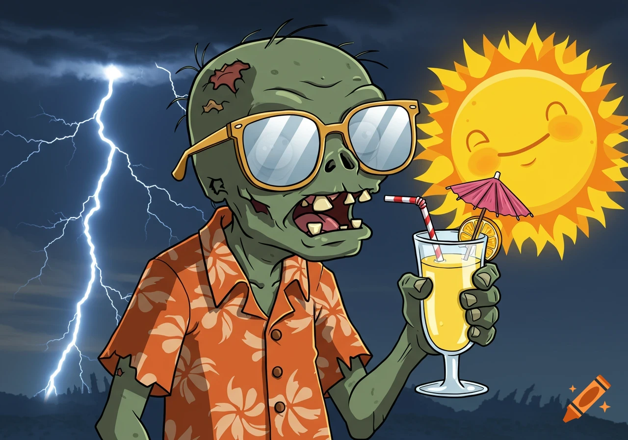 Cartoon zombie in sunglasses and a Hawaiian shirt sips a tropical drink against a background of lightning and a smiling sun.