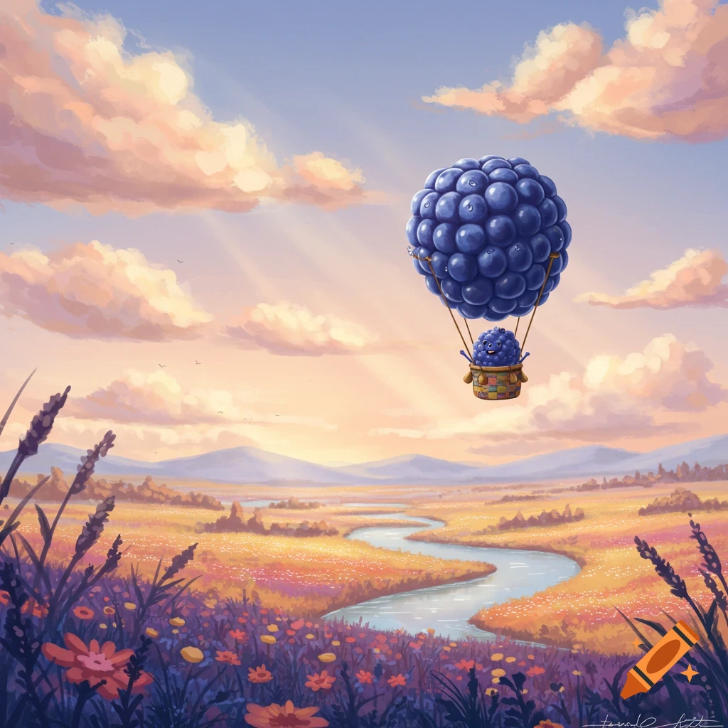 A whimsical illustration of a happy blueberry character flying in a giant blueberry hot air balloon over a colorful meadow at sunset.