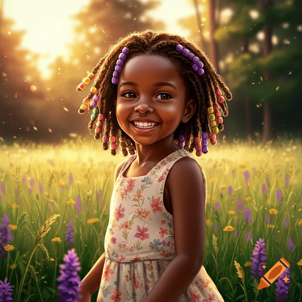 A smiling African American girl with beaded braids stands in a sunny field with purple flowers.