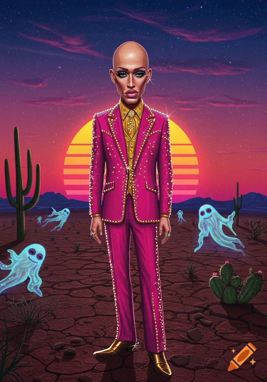 A bald figure in a studded pink suit and gold shirt stands in a cracked desert with cacti, glowing ghosts, and a retro sunset.