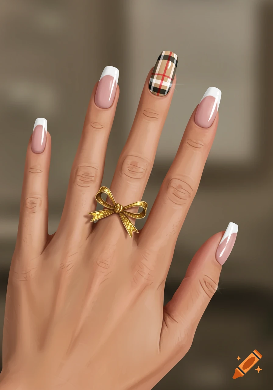 An illustrated hand with white French tip nails, a Burberry-style plaid design on the ring finger, and a golden bow ring on the index finger.