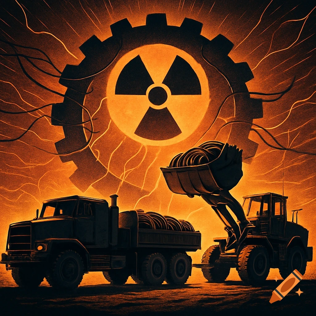 A stylized image of a military truck and a front-end loader, under a large gear with a nuclear symbol, glowing orange and black.