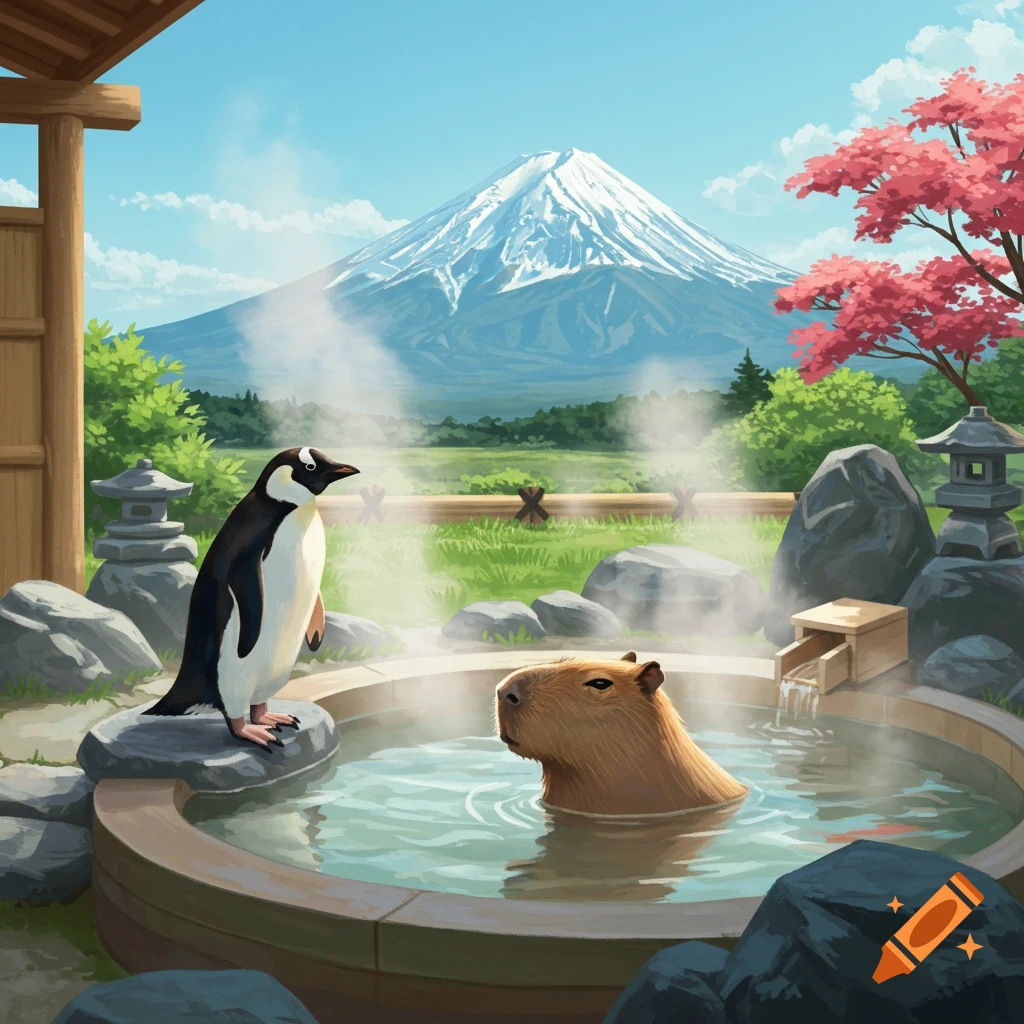An illustration of a penguin on a rock next to a capybara soaking in a hot spa, with Mount Fuji and a cherry blossom tree in the background.