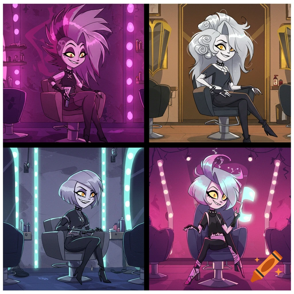 Four panels show cartoon character Loona in a salon chair, each with a different wild hairstyle, in the Helluva Boss animated style.