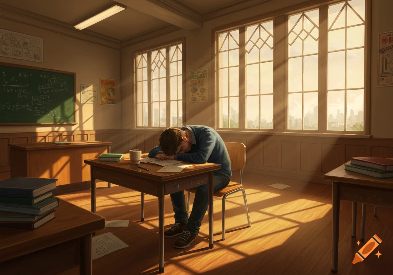 A tired student sleeps with their head on a desk in a sunlit classroom with large windows, surrounded by books and papers.