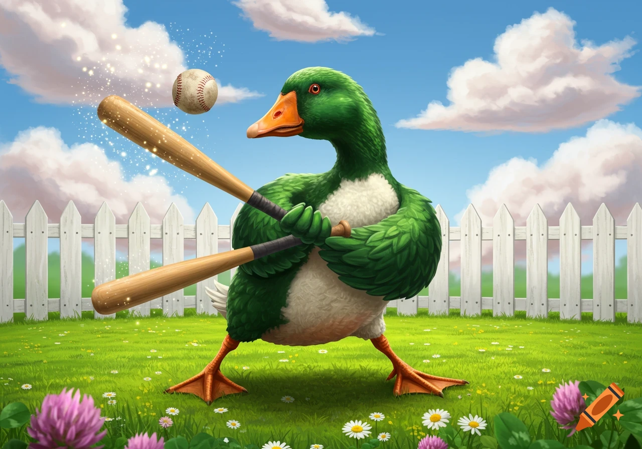 A green duck holding two baseball bats, ready to hit a baseball in a sunny, grassy field with a white picket fence, stylized.