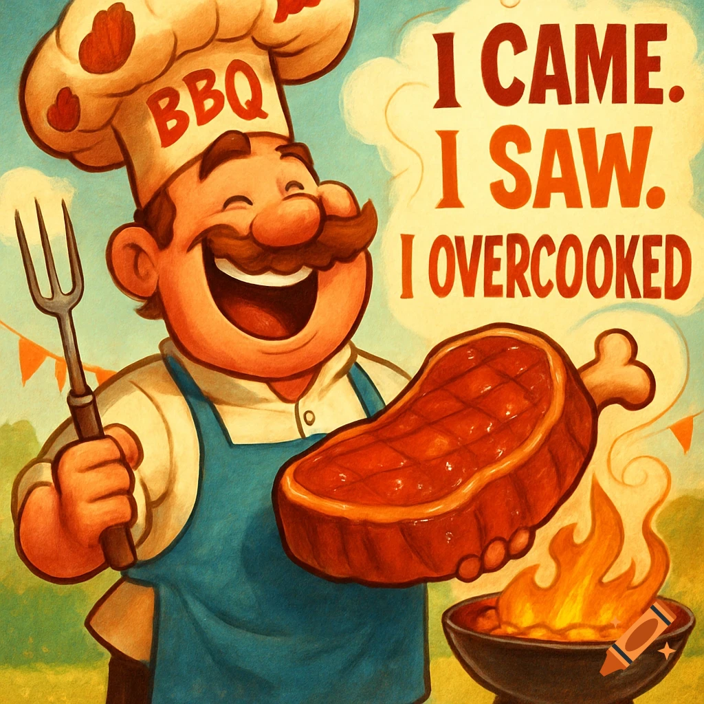 A cheerful cartoon chef in a BBQ hat holds a large steak over a grill, with text "I came. I saw. I overcooked."
