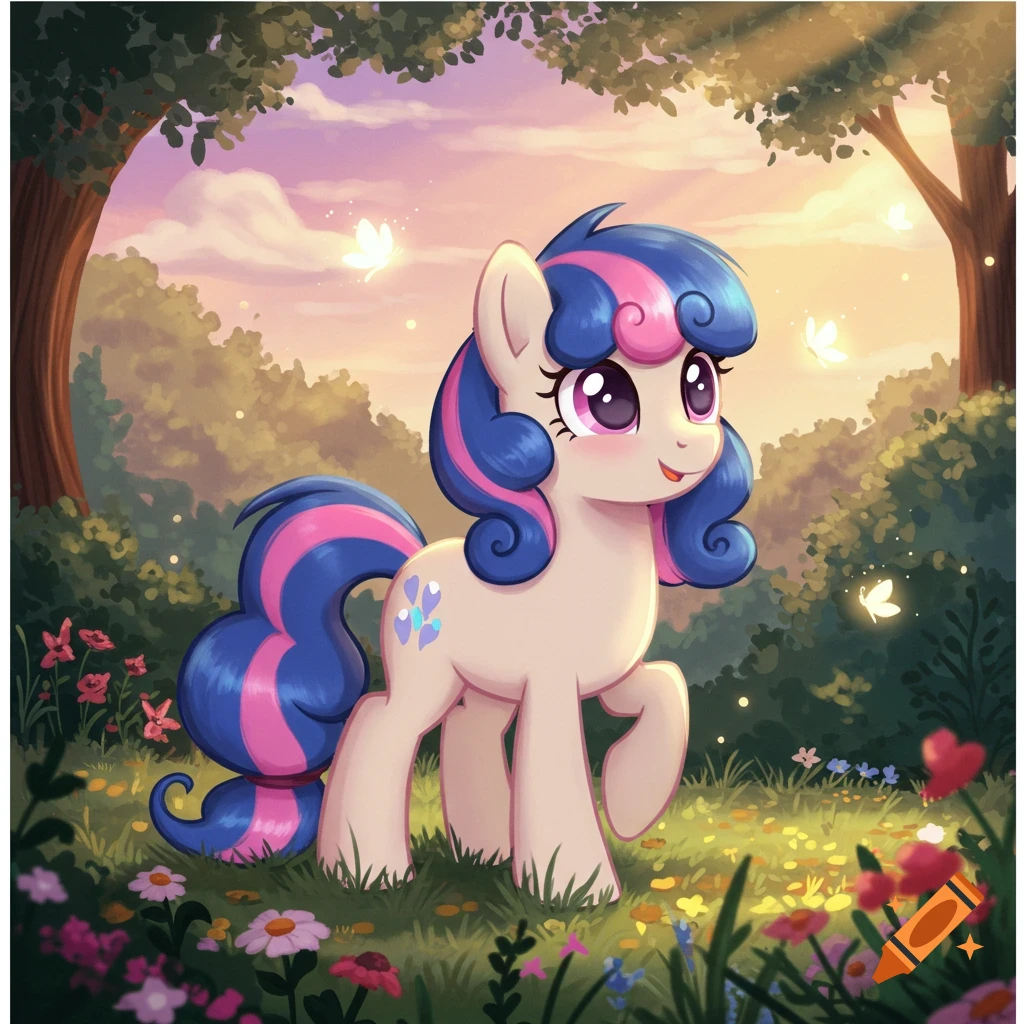 A cheerful cream-colored cartoon pony with blue and pink mane walks through a vibrant, sunlit forest clearing with colorful flowers and glowing butterflies.
