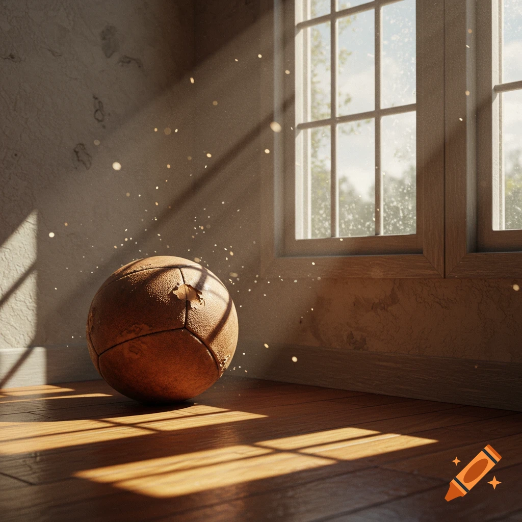 A worn leather soccer ball rests on a sunlit wooden floor near a window, dust motes floating in the light.