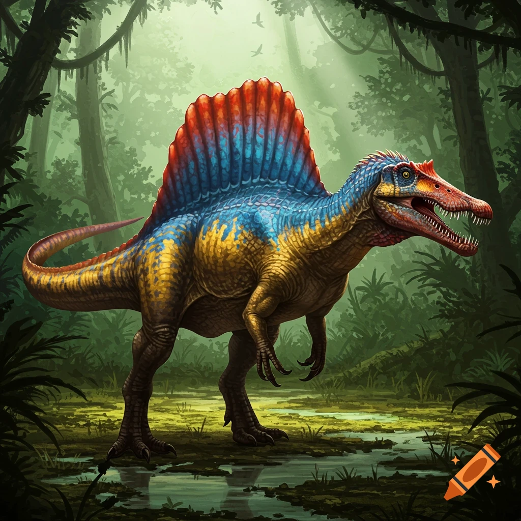 A colorful Spinosaurus with a red and blue sail stands in a lush green jungle with water below.