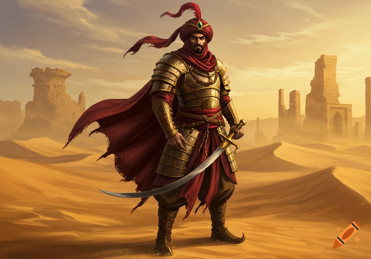 A male warrior in golden armor, red cape, and turban holds a scimitar ...