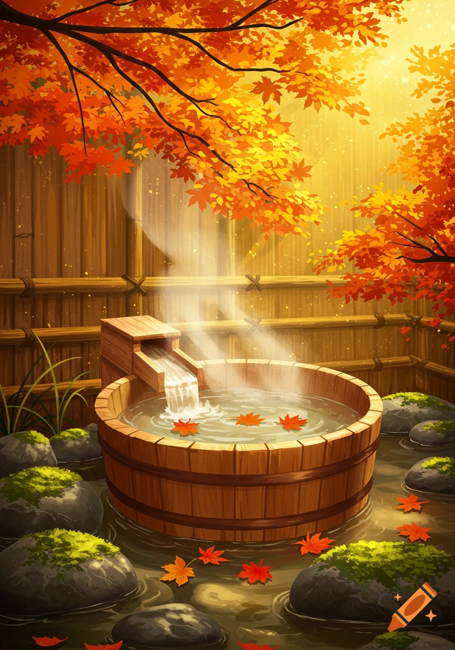 A steaming wooden hot tub surrounded by vibrant orange autumn maple leaves, bamboo, and mossy rocks in golden light.