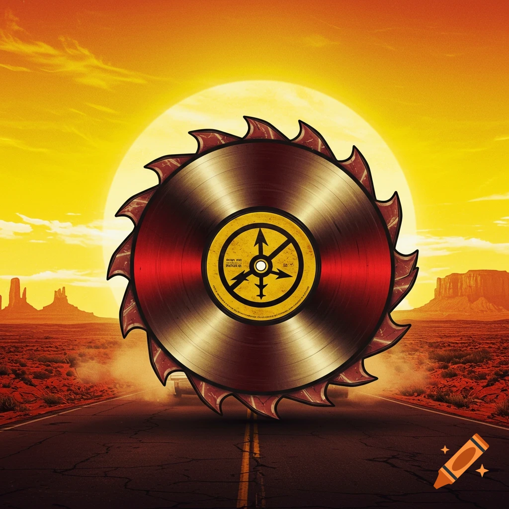 A saw blade shaped record in red, cream, and silver with a black anti-possession tattoo symbol on a dusty yellow label, on a road in a red and yellow wasteland with a sunset and mesas. A 1967 Chevy Impala is in the background.