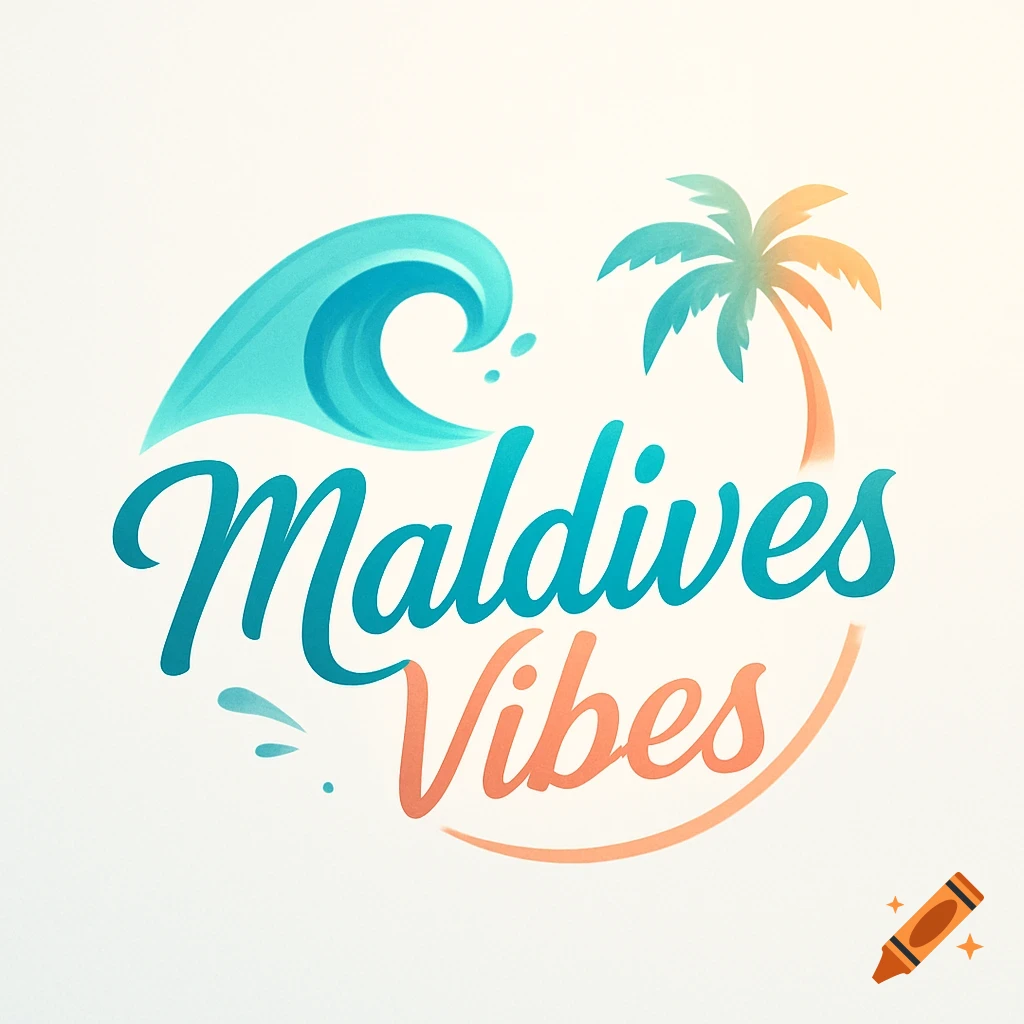 Colorful logo with "Maldives Vibes" text in teal and orange, featuring a blue wave and a green and orange palm tree on a white background.